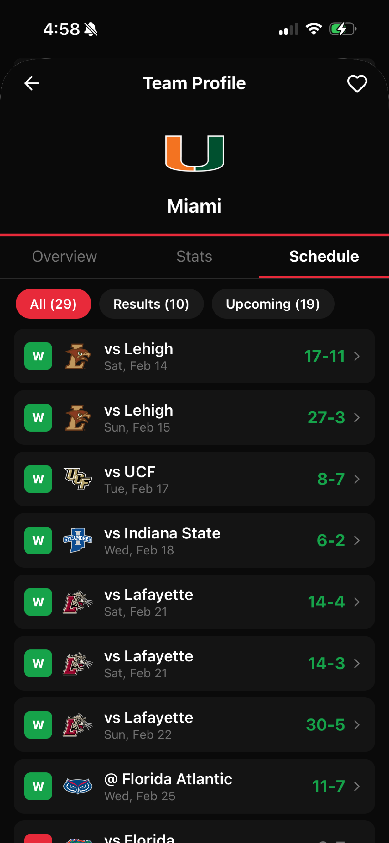 Team schedule, results, and upcoming